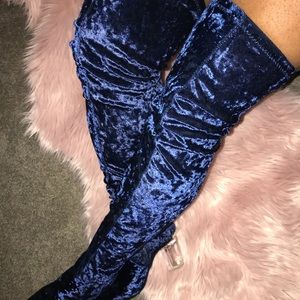 Blue velvet thigh high boots